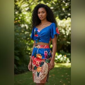 NWOT ChicMe Floral 2-piece Off Shoulder Twist Crop Top & Split High Waist Skirt